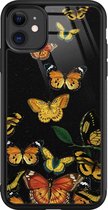 iPhone 11 hoesje glas - Vlinders - Hard Case - Zwart - Backcover - Print / Illustratie - Multi