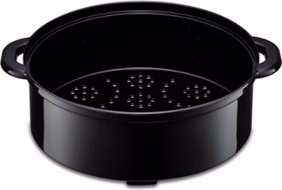 Zwart stoommandje voor rijstkoker met handvatten.