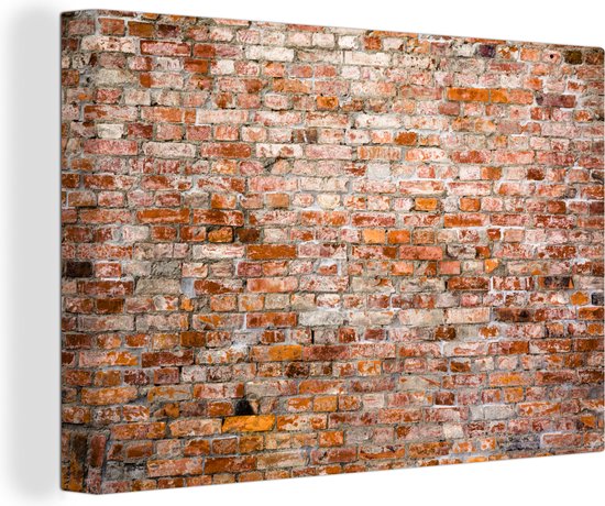 Canvas schilderij 140x90 cm - Wanddecoratie Baksteen - Oranje - Muur - Muurdecoratie woonkamer - Slaapkamer decoratie - Kamer accessoires - Schilderijen