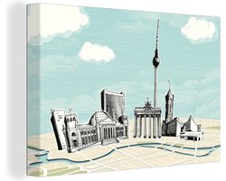 Canvas Schilderij Illustratie van bezienswaardigheden in Berlijn op de kaart - 60x40 cm - Wanddecoratie