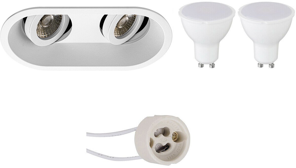 GU10 Inbouwspot Set - Mat Wit - Kantelbaar - Pragmi Zano Pro - Inbouw Ovaal Dubbel - 4W - Warm Wit 3000K - 185x93mm
