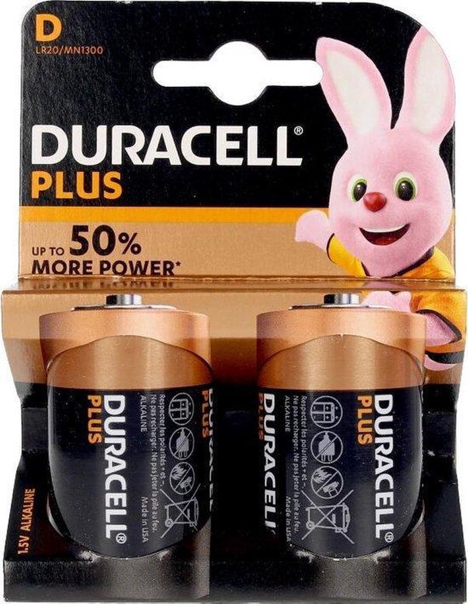 Duracell Plus alkaline D-batterijen, verpakking van 2