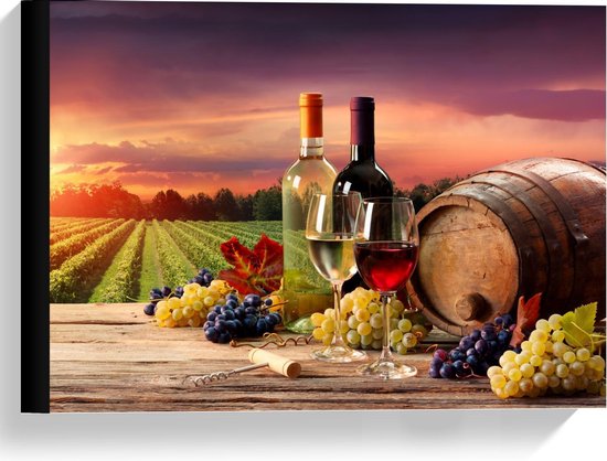 Canvas  - Wijn en Druiven voor Wijngaard - 40x30cm Foto op Canvas Schilderij (Wanddecoratie op Canvas)
