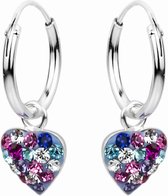 Oorbellen meisje zilver | Zilveren oorringen, hart hanger met gekleurde kristallen