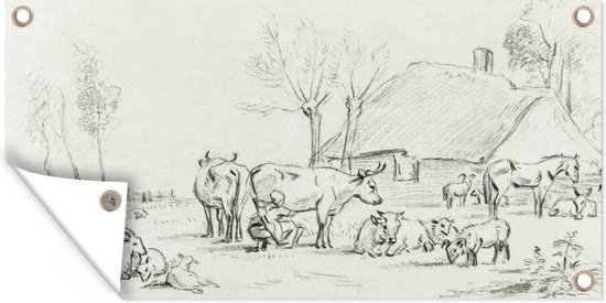 Affiche de jardin Cour de ferme avec vaches et laitière - tableau de Jean Bernard - 60x30 cm - Toile jardin