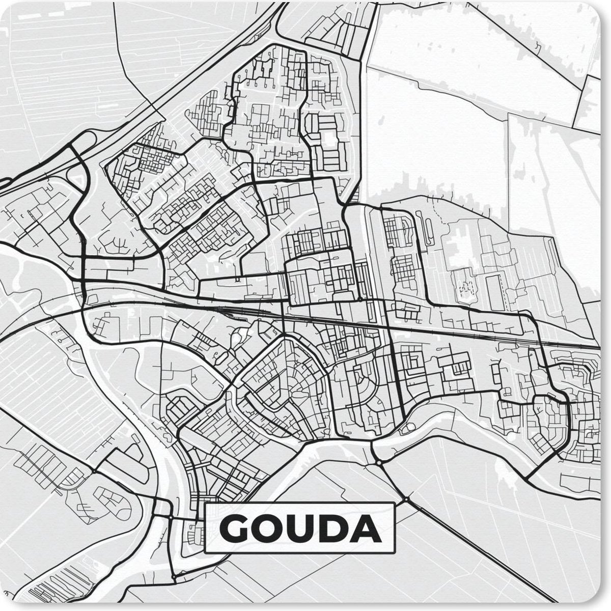 Muismat 30x30 cm - Mousepad Stadskaart - Gouda - Grijs - Wit - Muismatten