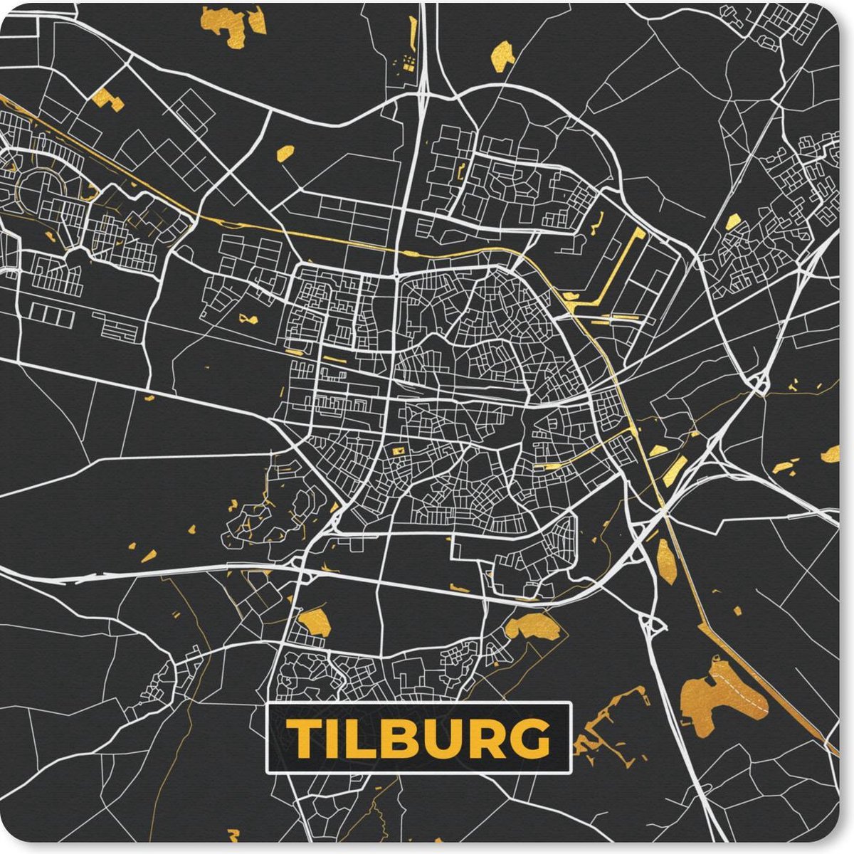 Muismat 30x30 cm - Mousepad Stadskaart - Tilburg - Goud - Zwart - Muismatten