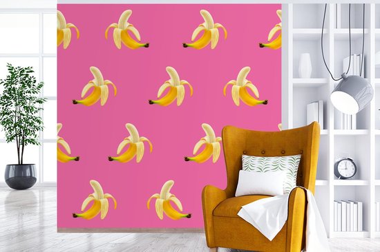 Behang - Fotobehang Banaan - Patroon - Roze - Breedte 350 cm x hoogte 350 cm