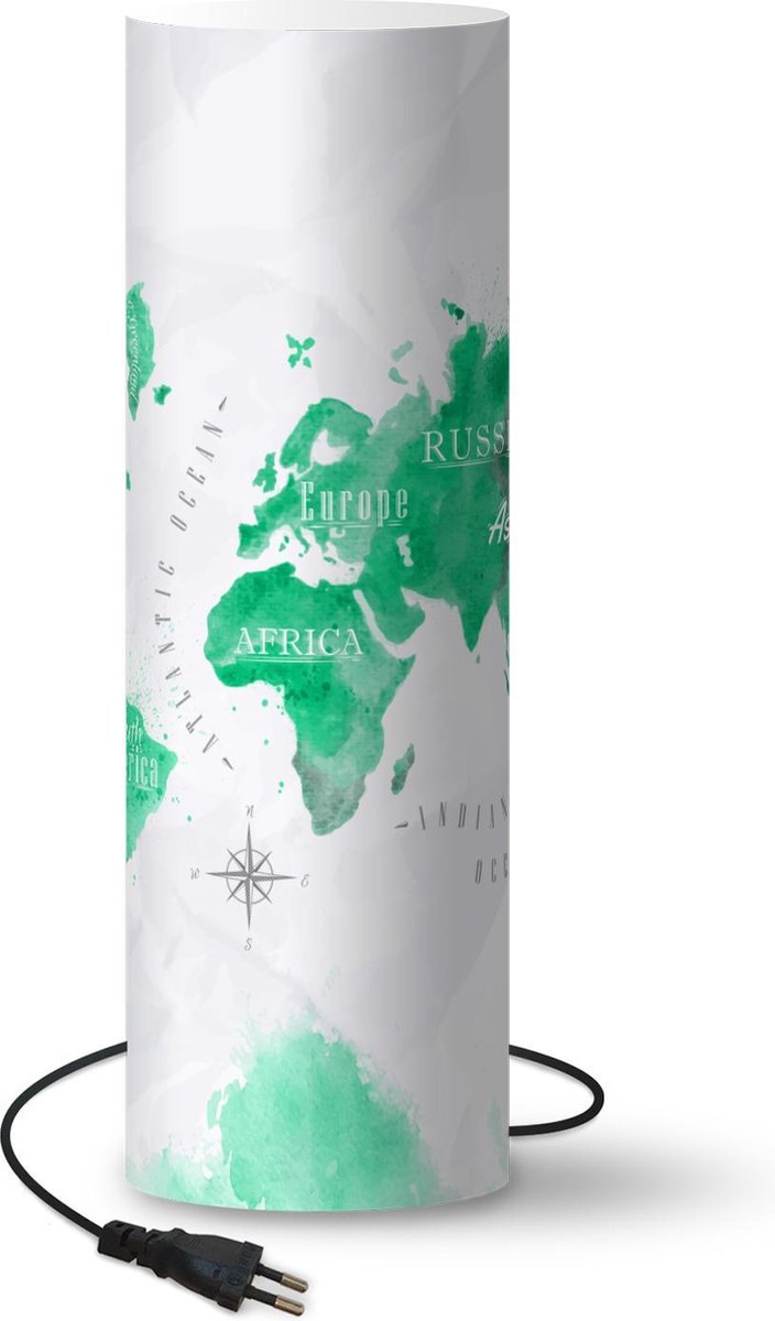 Lamp - Nachtlampje - Tafellamp slaapkamer - Wereldkaarten - Groen - Verf - 60 cm hoog - Ø19.1 cm - Inclusief LED lamp