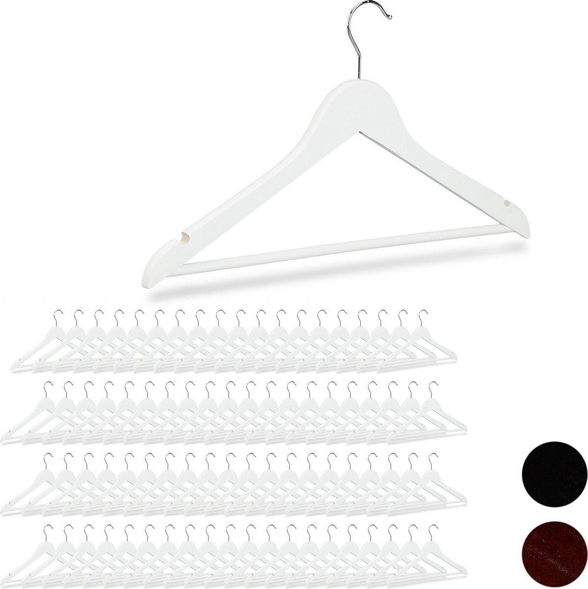 80x kledinghangers hout - broeklat - kleerhangers - wit - draaibare haken