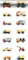ESTAhome vlies wallpaper XXL vrachtwagens en tractoren geel, oranje en blauw - 159048 - 0.5 x 9 m