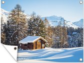 Muurdecoratie buiten Hut in de bergen van Zwitserland tijdens de winter - 160x120 cm - Tuindoek - Buitenposter