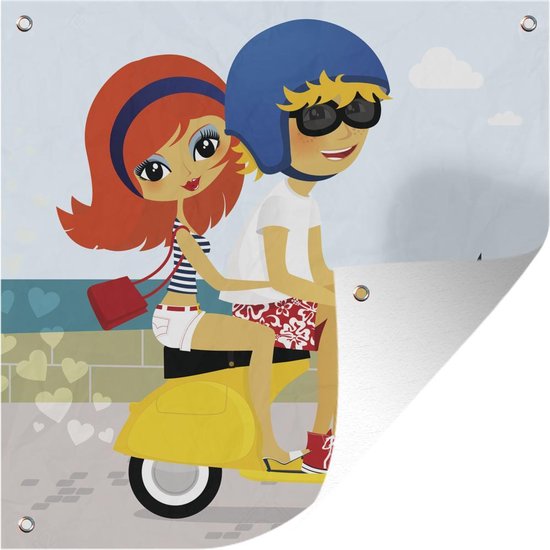 Tuinposters Illustratie van twee mensen op een Vespa scooter - 50x50 cm - Tuindoek - Buitenposter