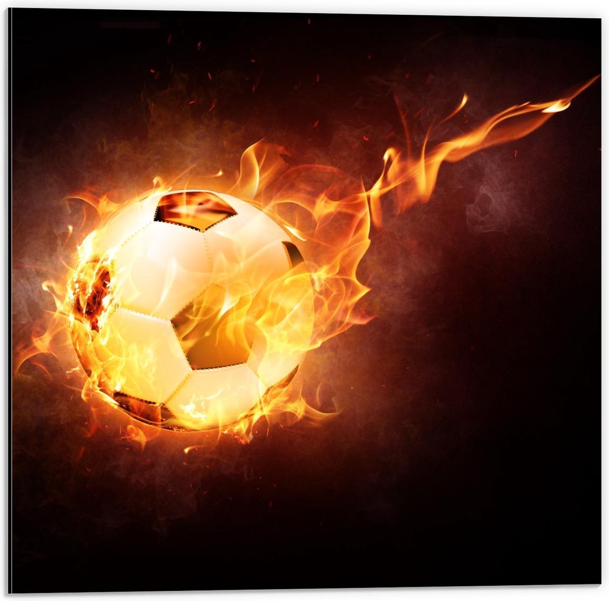 Dibond - Voetbal met Snelheidsvuur - 50x50cm Foto op Aluminium (Met Ophangsysteem)