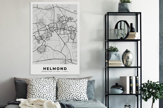 Canvas schilderij 90x140 cm - Wanddecoratie Stadskaart - Helmond - Grijs - Wit - Muurdecoratie woonkamer - Slaapkamer decoratie - Kamer accessoires - Schilderijen - Plattegrond