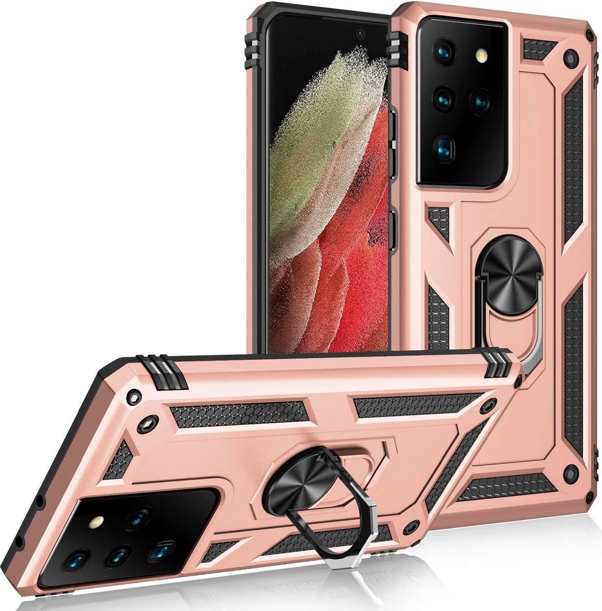 Anti-Shock Hybrid Ring Armor Hoesje Geschikt voor: Samsung Galaxy S21 Ultra 5G- rose goud
