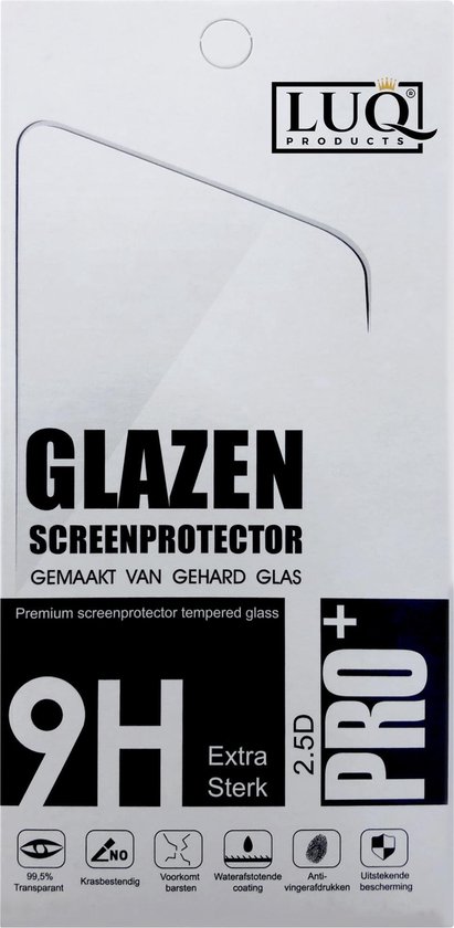 Verpakking met "LUQ PRODUCTS" logo, "GLAZEN SCREENPROTECTOR", "9H", "Extra Sterk" en "Premium screenprotector tempered glass"