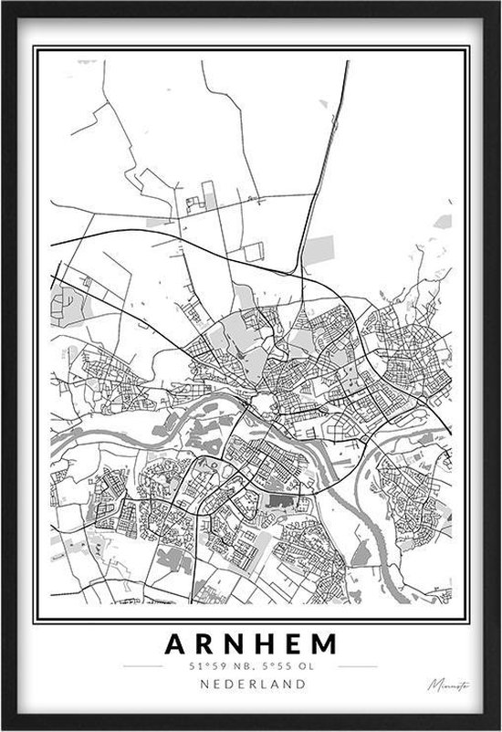 Poster Stad Arnhem - A4 - 21 x 30 cm - Inclusief lijst (Zwart Aluminium) Citymap Arnhem - Stadsposter - Plaatsnaam poster Arnhem / Arneym - Stadsplattegrond