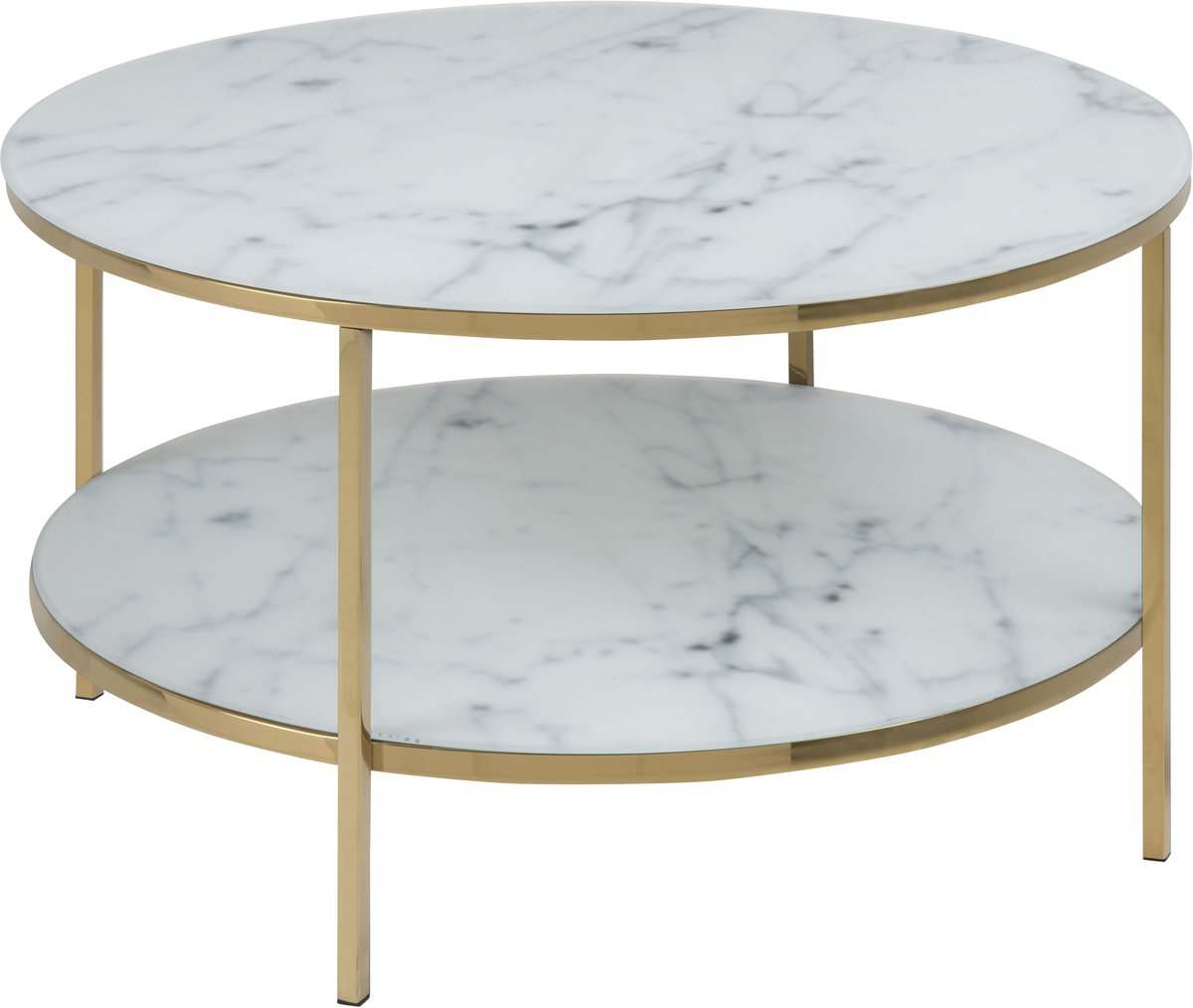 Almaz salontafel Ø80 cm, witte marmer print, goudkleurig chroom.