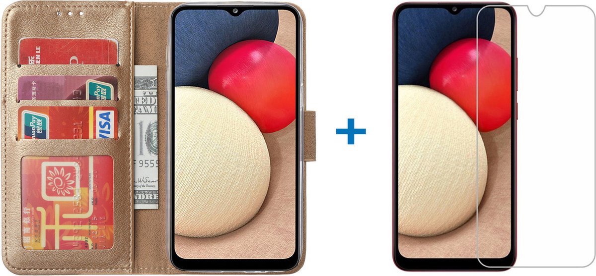 Hoesje Geschikt Voor Samsung Galaxy A02s Hoesje bookcase - Goud Met screenprotector