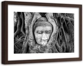 Foto in frame , Hoofd van Boeddha in een boom , 120x80cm , Zwart wit , Premium print