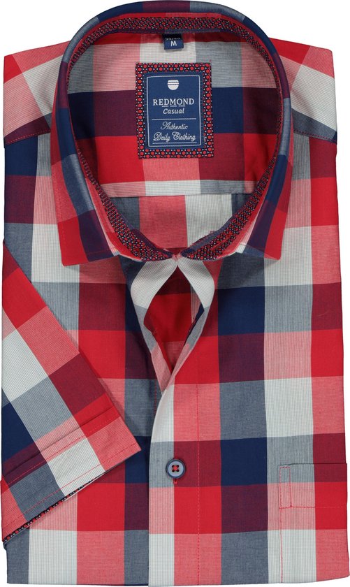Redmond heren overhemd regular fit - korte mouw - rood met blauw geruit  (contrast) -... | bol.com
