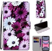 Gekleurde tekening Cross Texture Horizontale Flip PU lederen tas met houder & kaartsleuven & portemonnee & lanyard voor iPhone 11 (Chrysanthemum Pink White Purple)