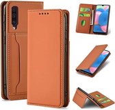 Voor Samsung Galaxy A30s Sterk magnetisme Vloeibaar gevoel Horizontale flip lederen tas met houder & kaartsleuven en portemonnee (bruin)