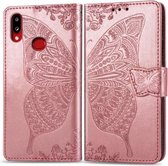 Voor Galaxy A10s Butterfly Love Flowers Embossing Horizontale Flip Leather Case met Houder & Kaartsleuven & Portemonnee & Lanyard (Rose Gold)