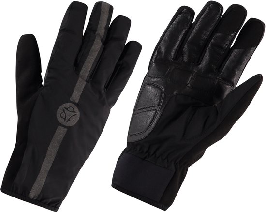 Paar zwarte fietshandschoenen. De voorkant heeft een grijze streep en logo. De handpalm is van leer.