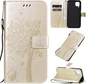 Voor Huawei P40 Lite / nova 6 SE Tree & Cat Pattern Pressed Printing Horizontale Flip PU lederen tas met houder & kaartsleuven & portemonnee & lanyard (goud)