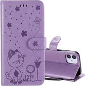 Voor iPhone 12 mini Cat Bee Embossing Pattern Schokbestendige horizontale flip lederen tas met houder & kaartsleuven & portemonnee (paars)