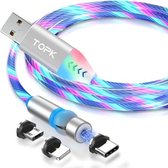 TOPK AM22 3-in-1 USB naar 8-pins + micro-USB + USB-C / Type-C 540 graden buigbare streamerbal magnetische datakabel, kabellengte: 1m (kleur)
