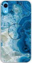 Voor iPhone XR reliëf gelakt marmer TPU beschermhoes met houder (lichtblauw)