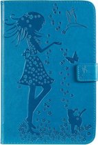 Voor iPad Mini 2019 & 4 & 3 & 2 & 1 Ingedrukt Afdrukken Vrouw en Kat Patroon Horizontale Flip Leren Case met Houder & Kaartsleuven & Portemonnee (Blauw)