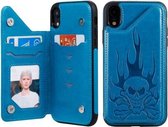 Voor iPhone XR Skull Head Embossing Pattern Schokbestendige beschermhoes met houder & kaartsleuven & portemonnee (blauw)