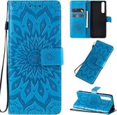 Voor Sony Xperia 1 II Geperst Afdrukken Zonnebloempatroon Horizontale Flip PU-lederen Case met Houder & Kaartsleuven & Portemonnee & Lanyard (Blauw)