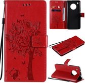 Voor Huawei Y9a Boom & Kat Patroon Geperst Afdrukken Horizontale Flip PU Lederen Case met Houder & Kaartsleuven & Portemonnee & Lanyard (Rood)