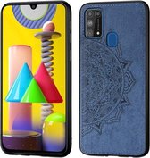 Voor Galaxy M31 Mandala in reliëf gemaakte stoffen hoes PC + TPU mobiele telefoonhoes met magnetische functie en draagriem (blauw)