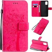 Voor Galaxy A71 Tree & Cat Pattern Pressed Printing Horizontale Flip PU Leather Case met houder & kaartsleuven & portemonnee & Lanyard (Rose Red)