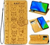 Voor Huawei P Smart 2020 Mooie Kat en Hond Embossing Patroon Horizontale Flip Leren Case, met Houder & Kaartsleuven & Portemonnee & Cartoon Sluiting & Lanyard (Geel)