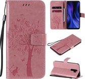 Voor Xiaomi Redmi 9 Boom & Kat Reliëfpatroon Horizontale Flip Leren Case met Houder & Kaartsleuven & Portemonnee & Lanyard (Roze)