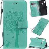 Tree & Cat Pattern Pressed Printing Horizontale Flip PU lederen tas met houder & kaartsleuven & portemonnee & lanyard voor Vivo Y93 / Y91 / Y95 (groen)