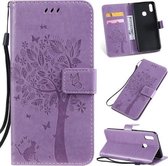 Tree & Cat Pattern Pressed Printing Horizontale Flip PU lederen tas met houder & kaartsleuven & portemonnee & lanyard voor Vivo Y93 / Y91 / Y95 (lichtpaars)