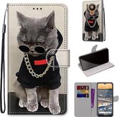 Voor Nokia 5.3 Gekleurde Tekening Cross Textuur Horizontale Flip PU Lederen Case met Houder & Kaartsleuven & Portemonnee & Lanyard (Gouden Ketting Grijze Kat)