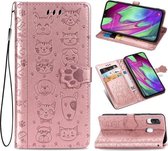 Voor Galaxy A40 schattige kat en hond reliëf horizontale flip lederen tas met beugel / kaartsleuf / portemonnee / lanyard (rose goud)