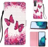 Voor Samsung Galaxy 21 5G 3D Schilderen Horizontale Flip Leren Case met Houder & Kaartsleuf & Portemonnee & Lanyard (Rose Vlinder)