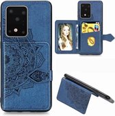 Voor Galaxy S20 Ultra Mandala Reliëf Magnetische Doek PU + TPU + PC Case met Houder & Kaartsleuven & Portemonnee & Fotolijst & Riem (Blauw)