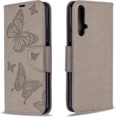 Voor Huawei Honor 20S Twee Vlinders Embossing Patroon Horizontale Flip Leren Case met Houder & Kaartsleuf & Portemonnee & Lanyard (Grijs)