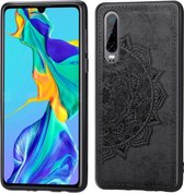 Voor Huawei P30 Reliëf Mandala-patroon PC + TPU + stoffen telefoonhoes met draagkoord & magnetisch (zwart)